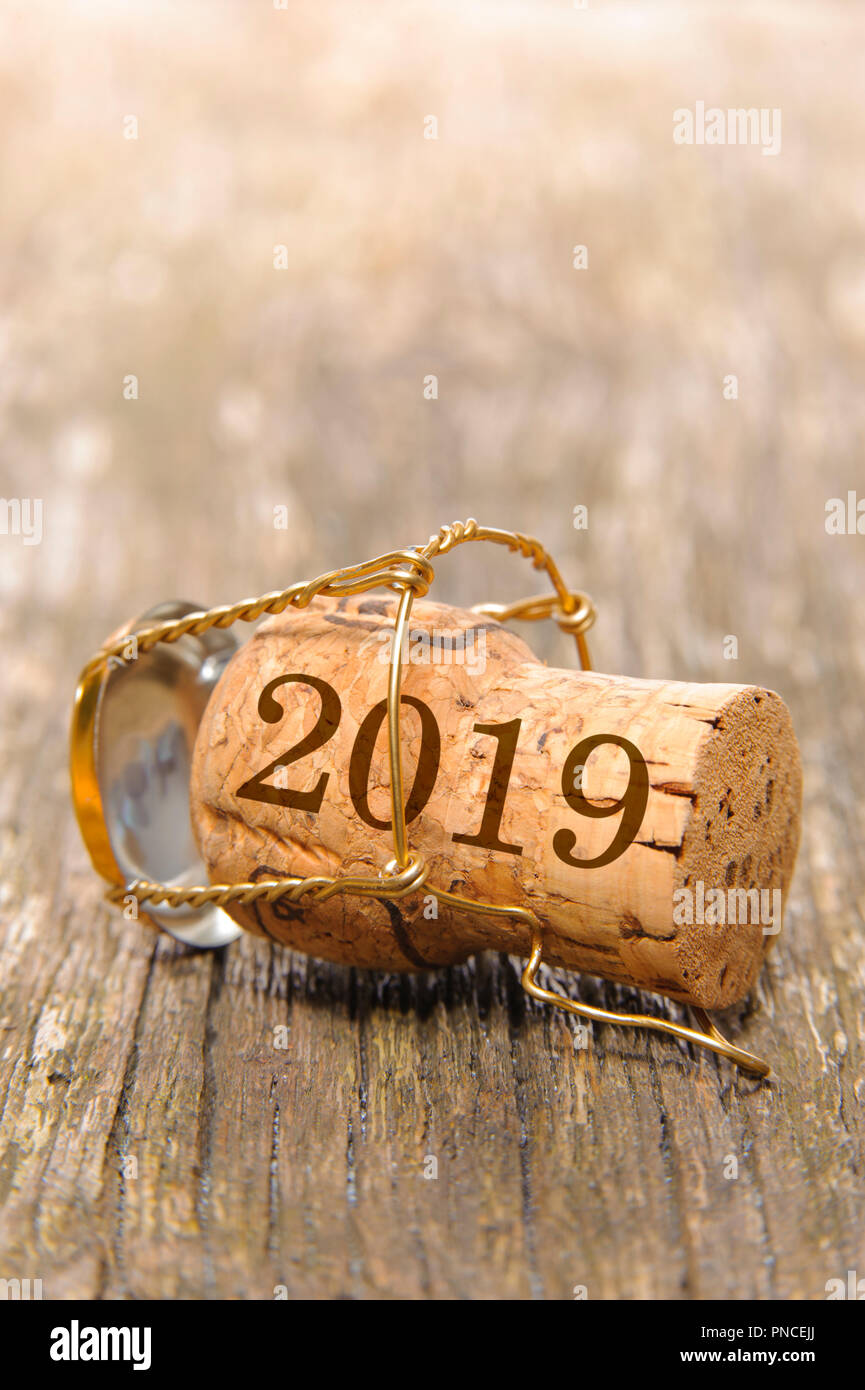 cork stopper of champagne with new year`s date 2019 and copy space Stock Photo